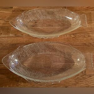 GLASBAKE Clear Glass Fish-Shaped Serving Dish #4141, set of 2